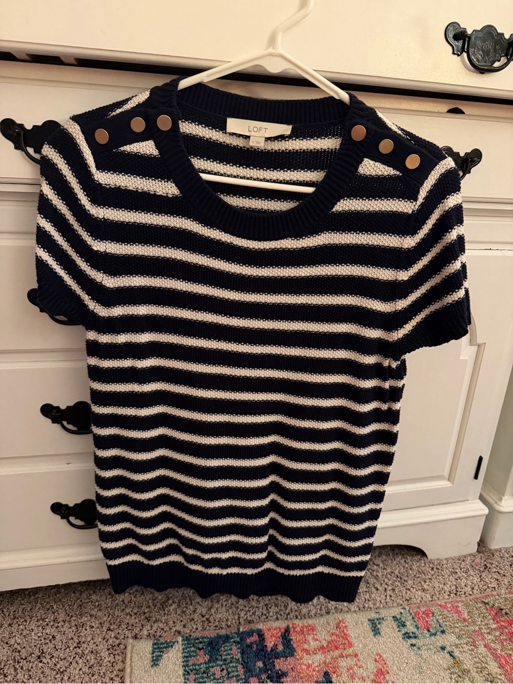 LOFT Navy & White Striped Short-Sleeve Crew Sweater with Gold Buttons